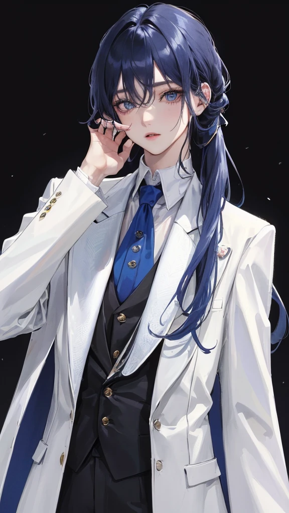 (Top resolution、Distinct_image)top-quality、femele、masterpiece、highly detailed、Semi-realistic、two colors eyes、18year old、young、cool clothing、Exquisite facial features、Facial features、unique hairstyle, variations, potrait, white background, dark blue hair , long straight hairstyles, wear white suits, Mafia