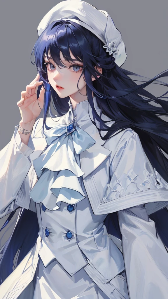 (Top resolution、Distinct_image)top-quality、femele、masterpiece、highly detailed、Semi-realistic、two colors eyes、18year old、young、cool clothing、Exquisite facial features、Facial features、unique hairstyle, variations, potrait, white background, dark blue hair , long straight hairstyles, wear white suits, Mafia