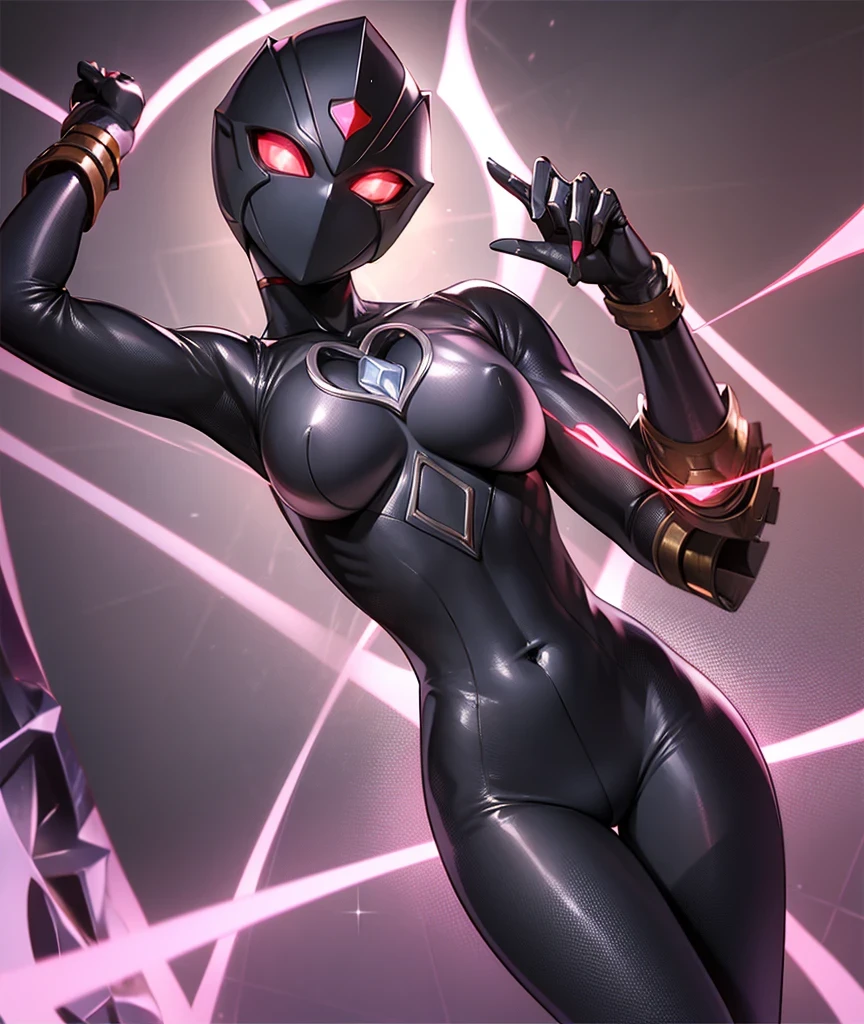 Ultraman Woman, Cover his true face with a black mask, Female Solo, Alien eyes shine。The whole body is covered with a black bodysuit, One female protagonist, Pink lines color the whole body beautifully..., Crystal shining on the head。The chest has a radiant core, Dark background,