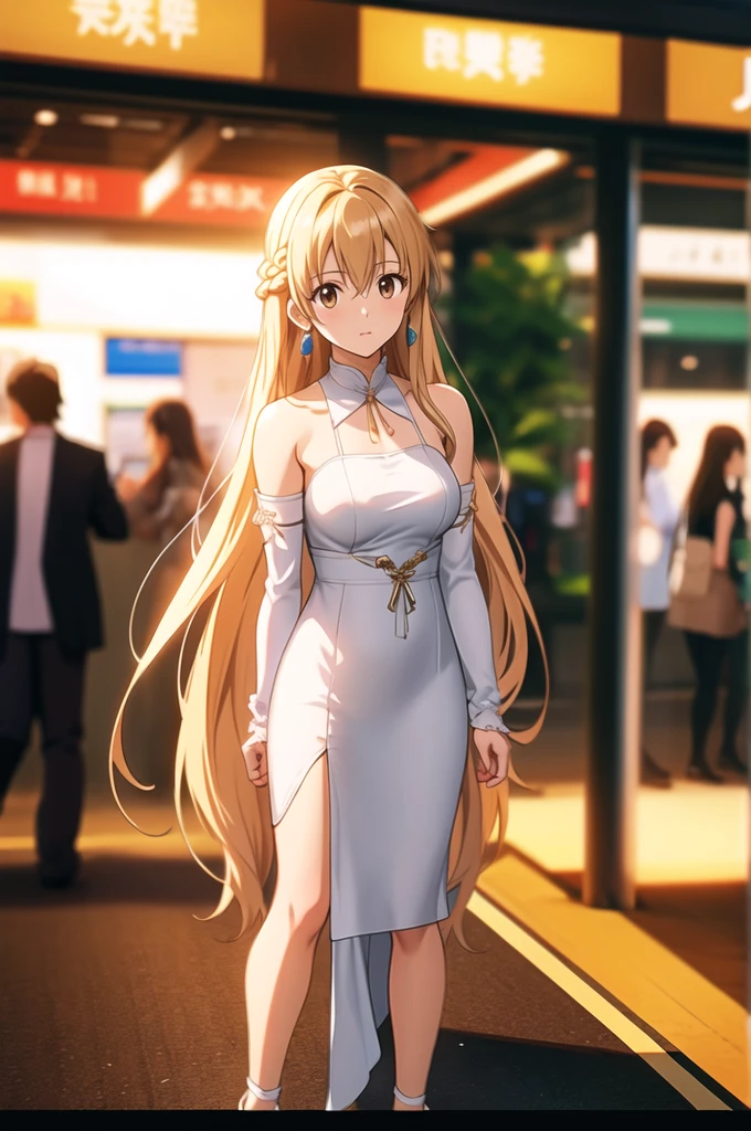 i want the whole image to be created in 3D anime style, 1girl, solo, long hair, breasts, looking at viewer, bangs, blonde hair, dress, hair between eyes, bare shoulders, brown eyes, jewelry, medium breasts, very long hair, closed mouth, upper body, braid, earrings, detached sleeves, white dress, blurry, lips, detached collar, depth of field, blurry background, realistic, asuna (sao), (((full body)))