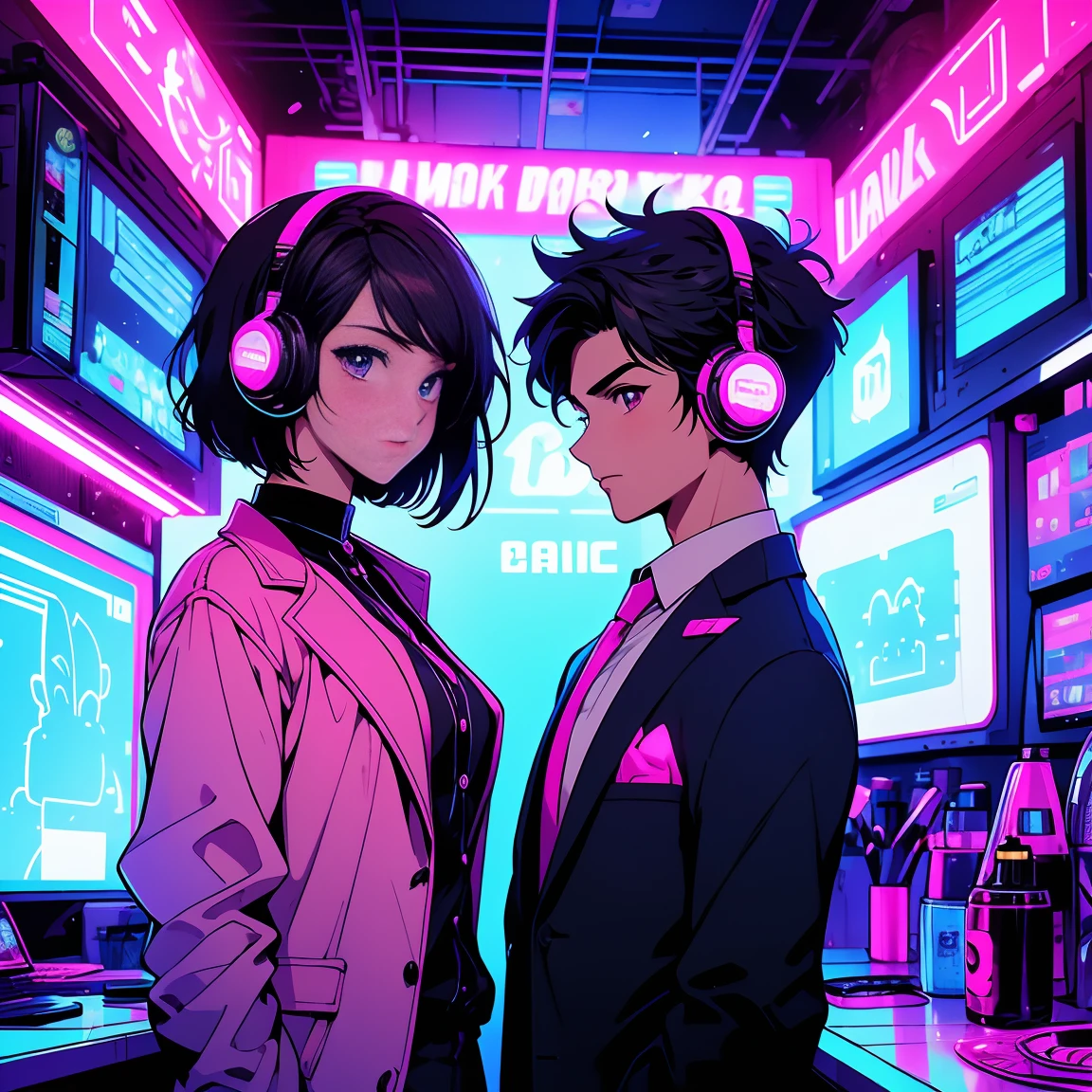 Anime-style digital artwork featuring two characters in a neon-lit room. The layout is centered with the characters in the foreground. The male character has short, dark hair, fair skin, with a stronger jawline, wearing a gaming headphone and a  with a blazer, tie, and a flower pin. The female character has short pixie cut hair, fair skin, and is wearing a similar with a blazer and tie, along with large headphones. Behind them, there is a neon sign that reads 'Hack my Heart' in pink and blue colors. The background includes various digital screens and a bar with a drink. The overall color scheme is vibrant with a focus on neon pink and blue hues.