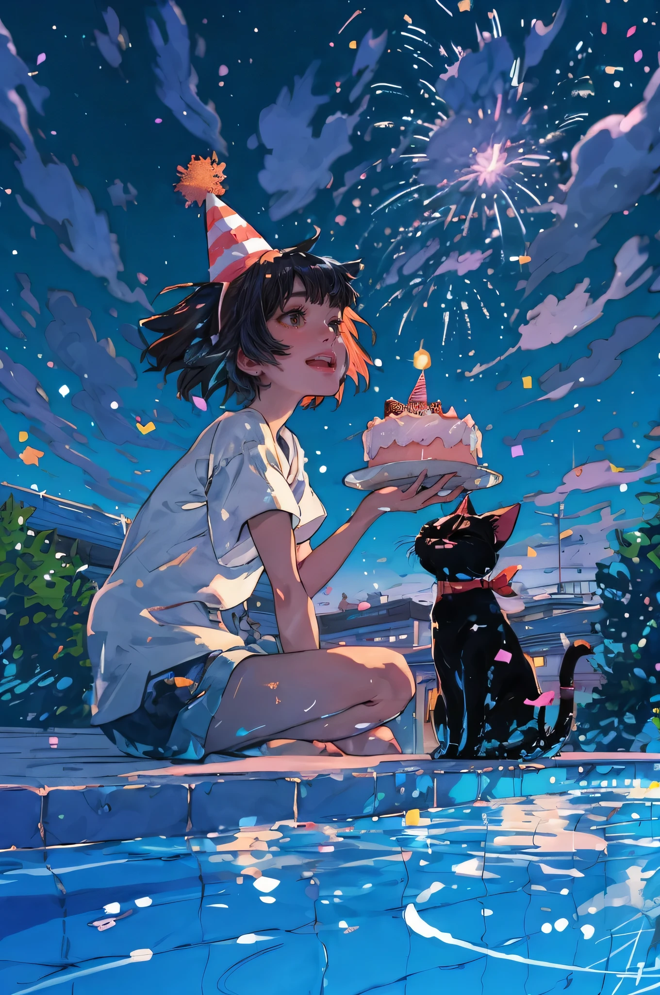 a young woman and her cat both wearing a party hat, birthday cake in the middle, by the pool, gazing at the night starry sky, happy, cute, style of studio ghibli, brilliant colors, elaborate details, clean lines, anime realism