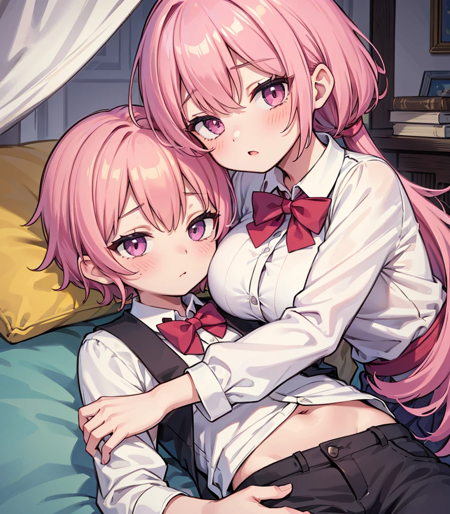 masterpiece, Highest quality, so beautiful, absurdists,High resolution,One girl, One boy,Cuddling in bed, like,sexly,Look at each one, blush,Age difference,bow tie,blondes,chest,Long Hair,Pink Hair,Tucked in shirt,short hair,skirt,Tent shirt,Slut,Big breasted sister and brother,Siblings, trousers,Pushing her big tits against her brother,(My brother&#39;s small erect penis),((((姉のvery huge breasts,Sister crushes her big tits in her brother&#39;s face)))),(((((Very huge breasts))))),((small penis,NSFW,Soft Very HUGE breasts)),((Bursting Breasts,弟の顔を隠すHuge breasts)),((Huge breasts,Large Breasts,とてもLarge Breasts、すごくLarge Breasts、とてつもなくLarge Breasts)),Two people gazing at each other