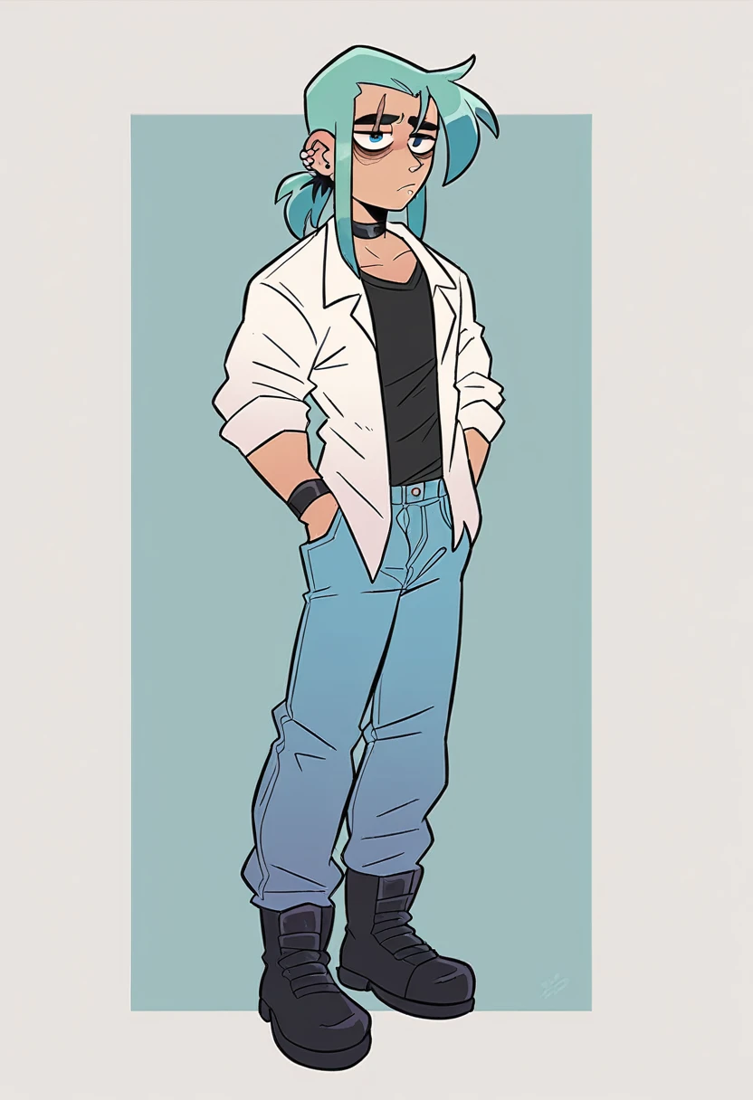 Guy Height 160, His medium-length hair is pulled back into a low ponytail., one strand falls on the face. He usually wears a black T-shirt under an open white jacket with the sleeves rolled up, grayish blue trousers and black boots. He also wears several accessories, such as black bracelets, Dark eyeliner, black choker that covers the scar on his neck, and two spiral piercings in each ear. He can almost always be seen looking tired / gloomy expression. Doesn&#39;t interact much with others