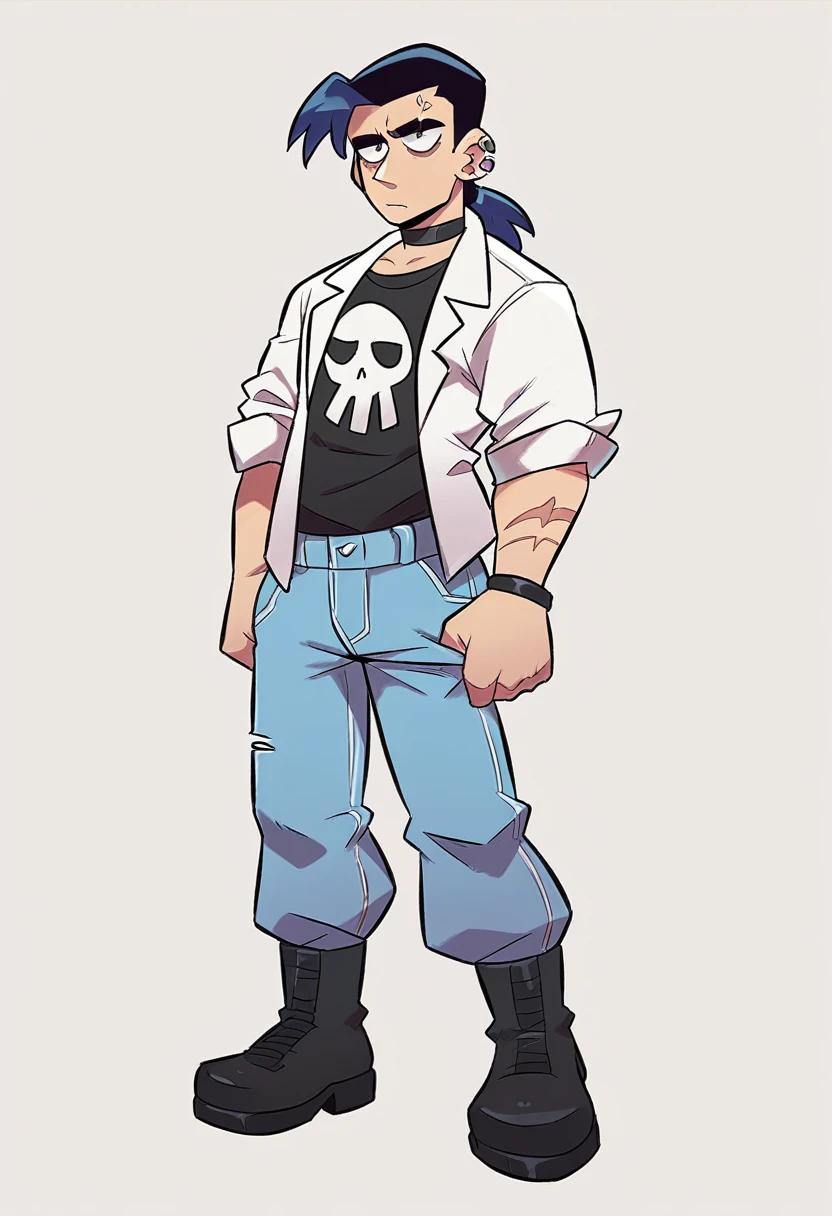 Guy Height 160, His medium-length hair is pulled back into a low ponytail., one strand falls on the face. He usually wears a black T-shirt under an open white jacket with the sleeves rolled up, grayish blue trousers and black boots. He also wears several accessories, such as black bracelets, Dark eyeliner, black choker that covers the scar on his neck, and two spiral piercings in each ear. He can almost always be seen looking tired / gloomy expression. Doesn't interact much with others