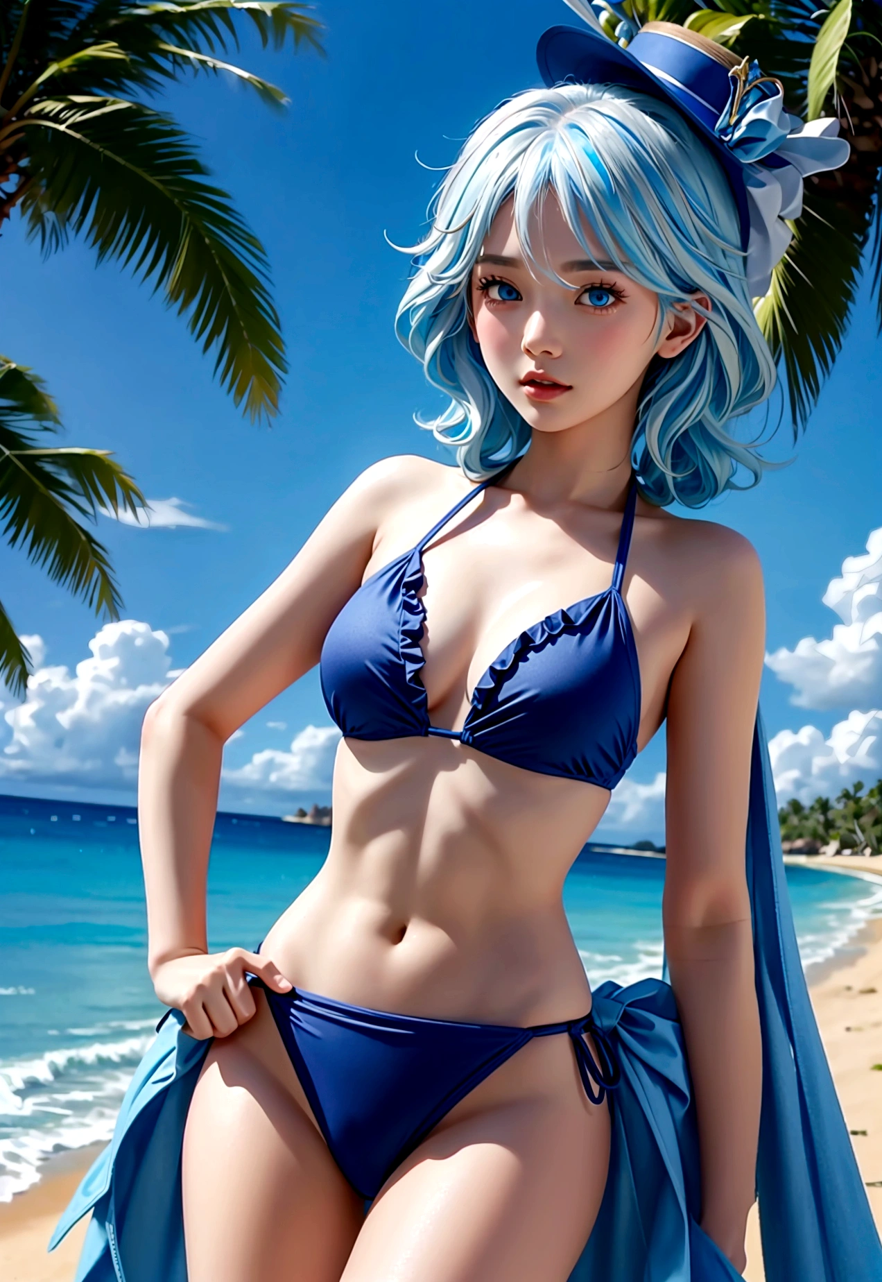 ultra-detailed,highly detailed,best quality,masterpiece,illustration,
anime-style character, this time with short, wavy, light blue hair and blue eyes. The character is wearing a dark blue frilled bikini and holding a light-colored cloth or towel. The background features a beach setting with palm trees, blue skies, and the sun shining brightly.
