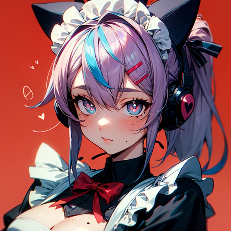 rainbow hair, ponytail, hairclip, hair ribbon, hair bow, maid headdress, goggles, mole under eye, heart-shaped pupils, cat ear headphones, bored