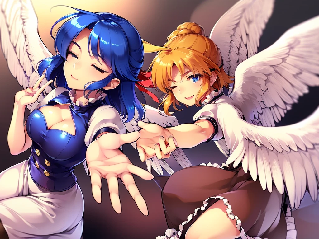 (best quality,4k,8k,highres,masterpiece:1.2), ultra-detailed, highly detailed texture, intricate details, A cute age angel with blue eyes, drawn in anime style, 1girl, , , 10 ydium blue hair, hair flaps, pink ribbon on head, well-formed face, blue eyes, angel girl, white blouse, puffy short sleeves, red ribbon, angel wings, long white skirt, red shoes, frills, ribbon head, A pair of angel wings on the back, from behind, to lift up one’s skirt, cowboy shot, from front, standing , raise one leg, crossed arms, arms up behind, arms behind back, hand between legs, put hands hip, one hand on hip, forward hands, arms raised in the air, punch hands, peace sign, waving, put up index finger, sit, lie down, closed eyes, lie face down, looking back, put one hand chest, leaning forward, cleavage, close up, horizontally outstretched arms, horizontally outstretched legs, front view, front face