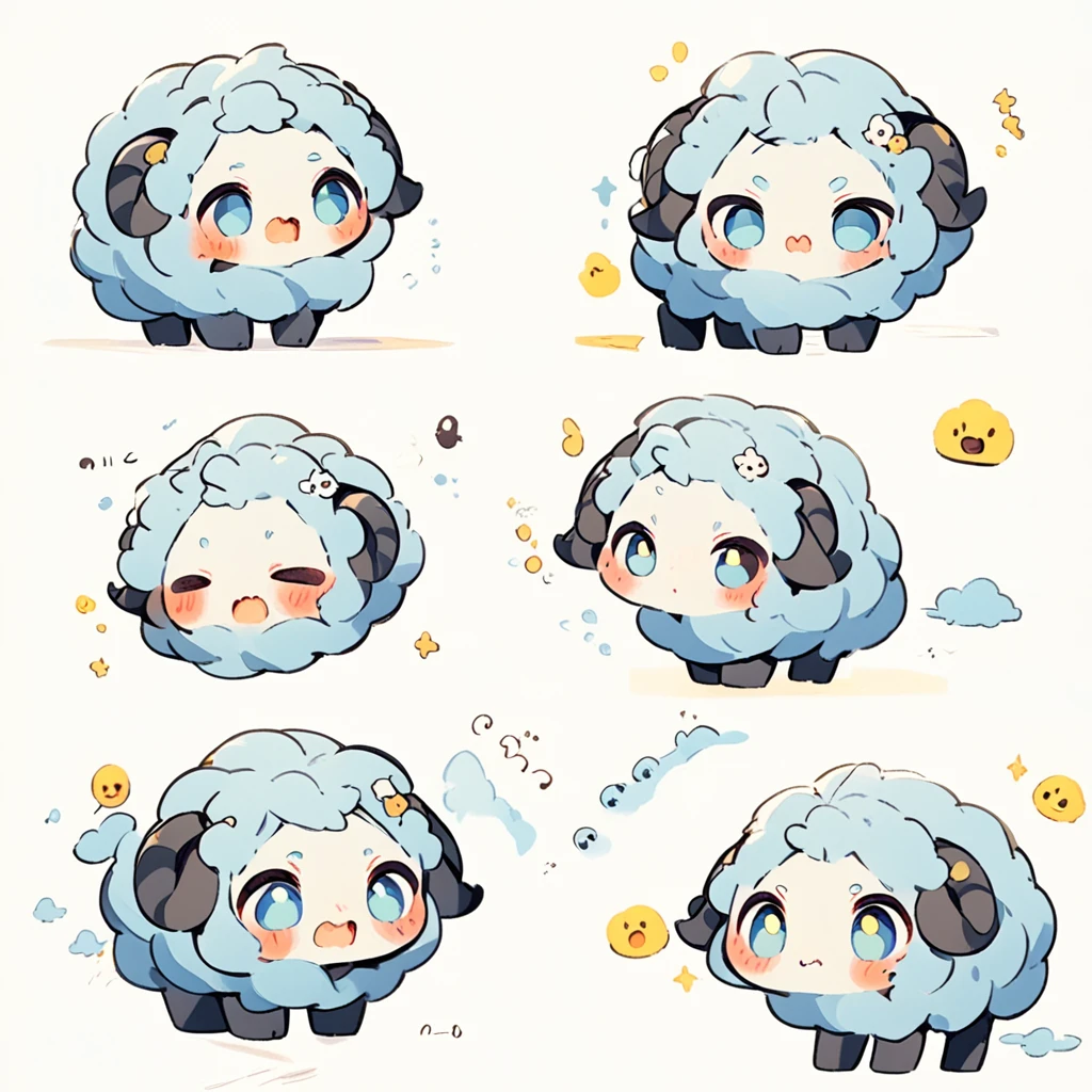 A whimsical blue sheep。emoji，anthropomorphic style，black strokes，pure white background，different emotions，multiple poss and expressions.8K--ar 3:4 --style cute --niji 5
