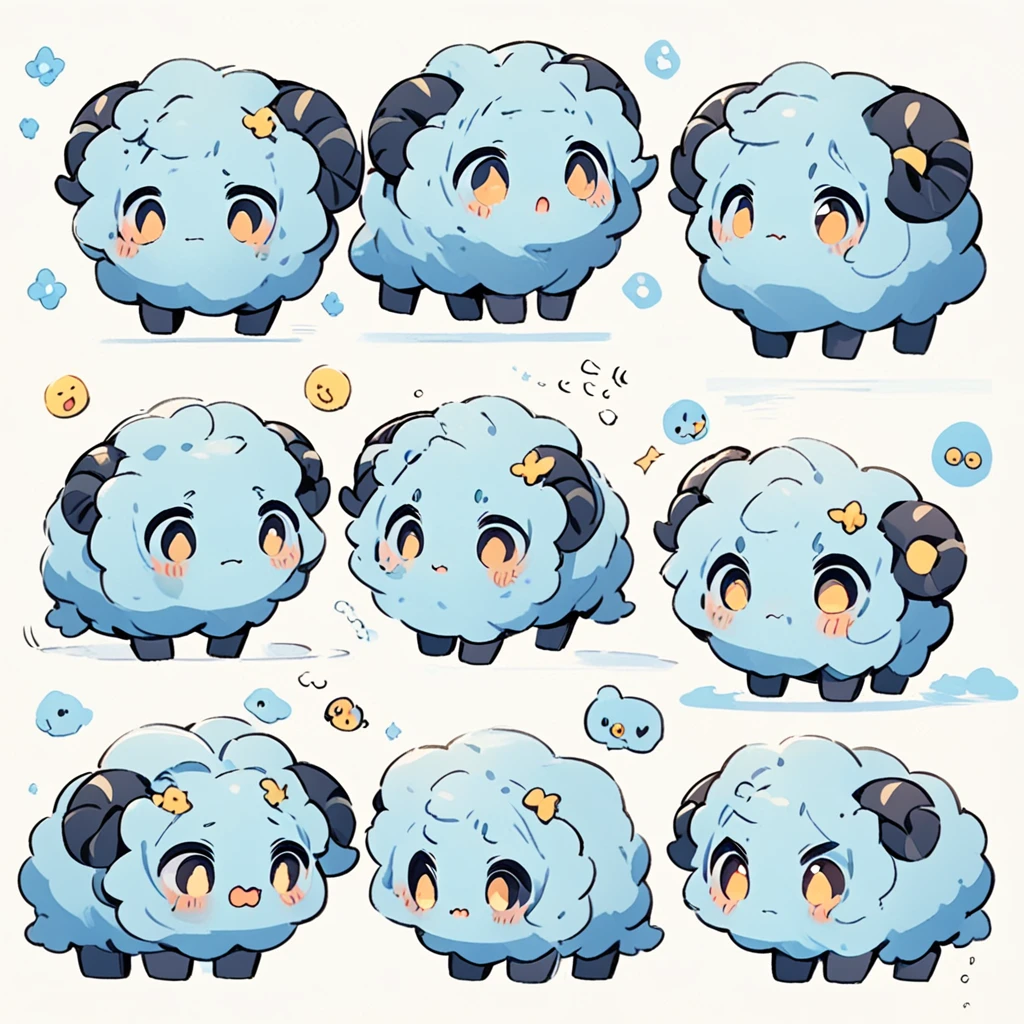 A whimsical blue sheep。emoji,anthropomorphic style,black strokes,pure white background,different emotions,multiple poss and expressions.8K--ar 3:4 --style cute --niji 5