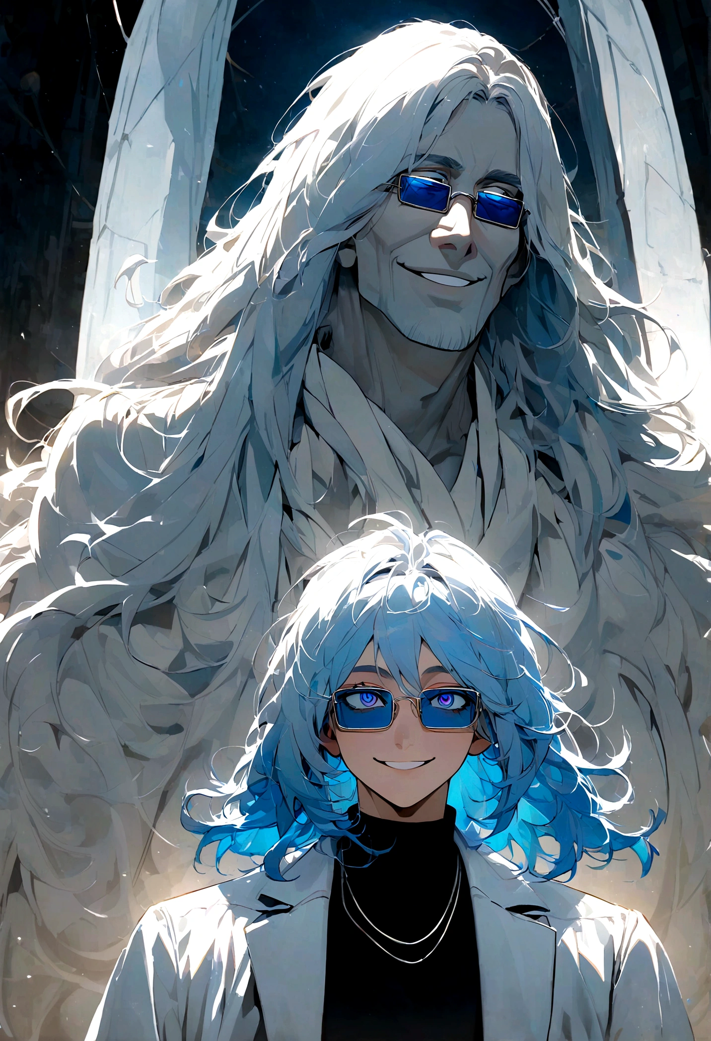 Tall man, wide shoulders, white overcoat, black turtleneck, light blue hair, hair length down to base of neck, shaggy hair, dark blue piercing eyes, ringed eyes, rectangular wire sunglasses, proud wide smile,