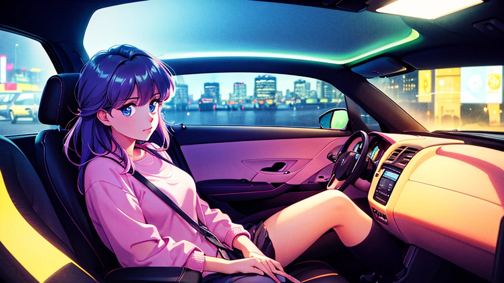 Create an image from the angle inside a car, showing a woman with a thoughtful expression on her face as she gazes out of the side window at the cityscape. The city outside should be visible, illuminated by streetlights and neon signs. Use soft, pastel colors and subtle gradients to capture a dreamy, reflective atmosphere. Ensure the interior of the car feels cozy and comfortable, adding to the overall serene vibe.
