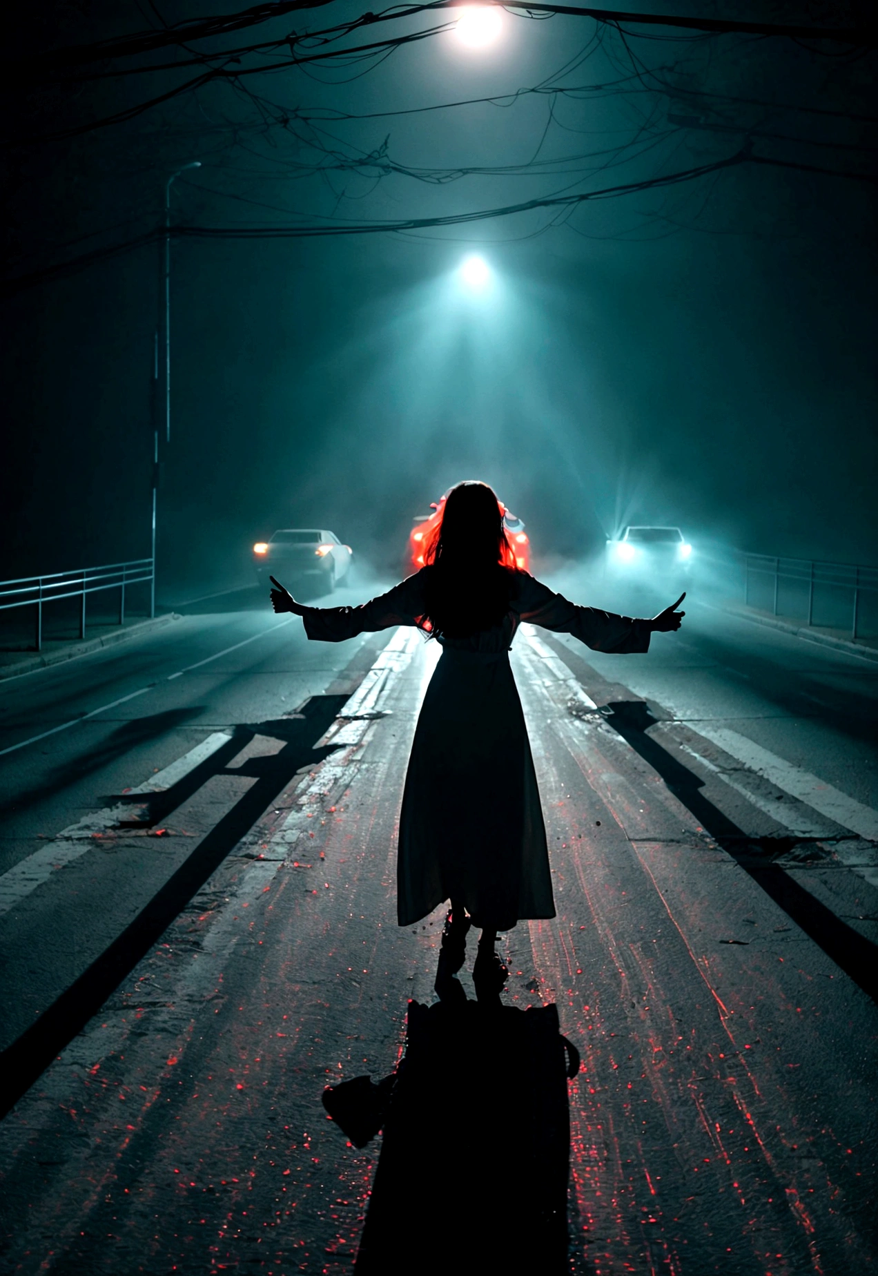Draw me like a horror movie scene with car headlights streaking through the darkness