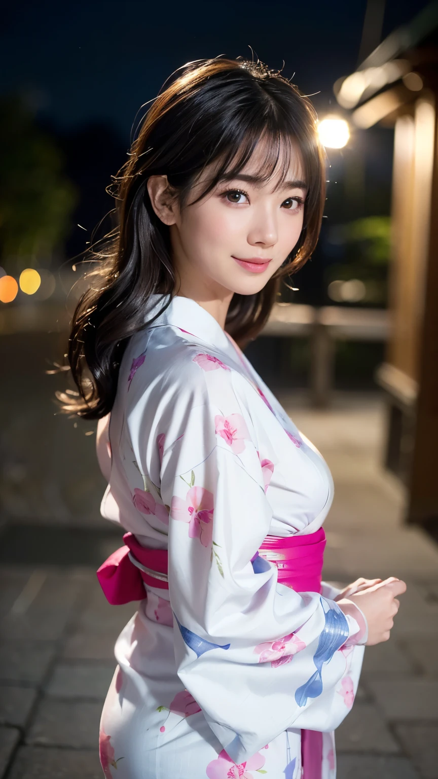 (logo、masterpiece、8K、Tabletop、RAW Photos、wonderful、最high quality、フォトリアリスティックでVery detailedな CG 複合 8K 壁紙、high quality、Very detailed、Narrative poem、Particle Effects、Dynamic Effects、Depth of the Boundary、Cinematic Light、Lens flare、Ray Tracing)、 (One beautiful woman wearing a yukata、White yukata、Light purple pattern)、Black-haired、High definition skin、Very fine、Fine skin texture、Beautiful Face、True Face、Beautiful details in the eyes、Realistic eyes、Beautifully detailed eyes、Realistic Skin、Beautiful Skin、Surreal、Smiling Eyes、Hair and light eyes、vivid、Colorful lights and bokeh、plump lower lip、Pink Lips、Hair flutters in Wind、Hair bounces、wonderful景色、night、evening、Wind、moonlight、moonlight、light
