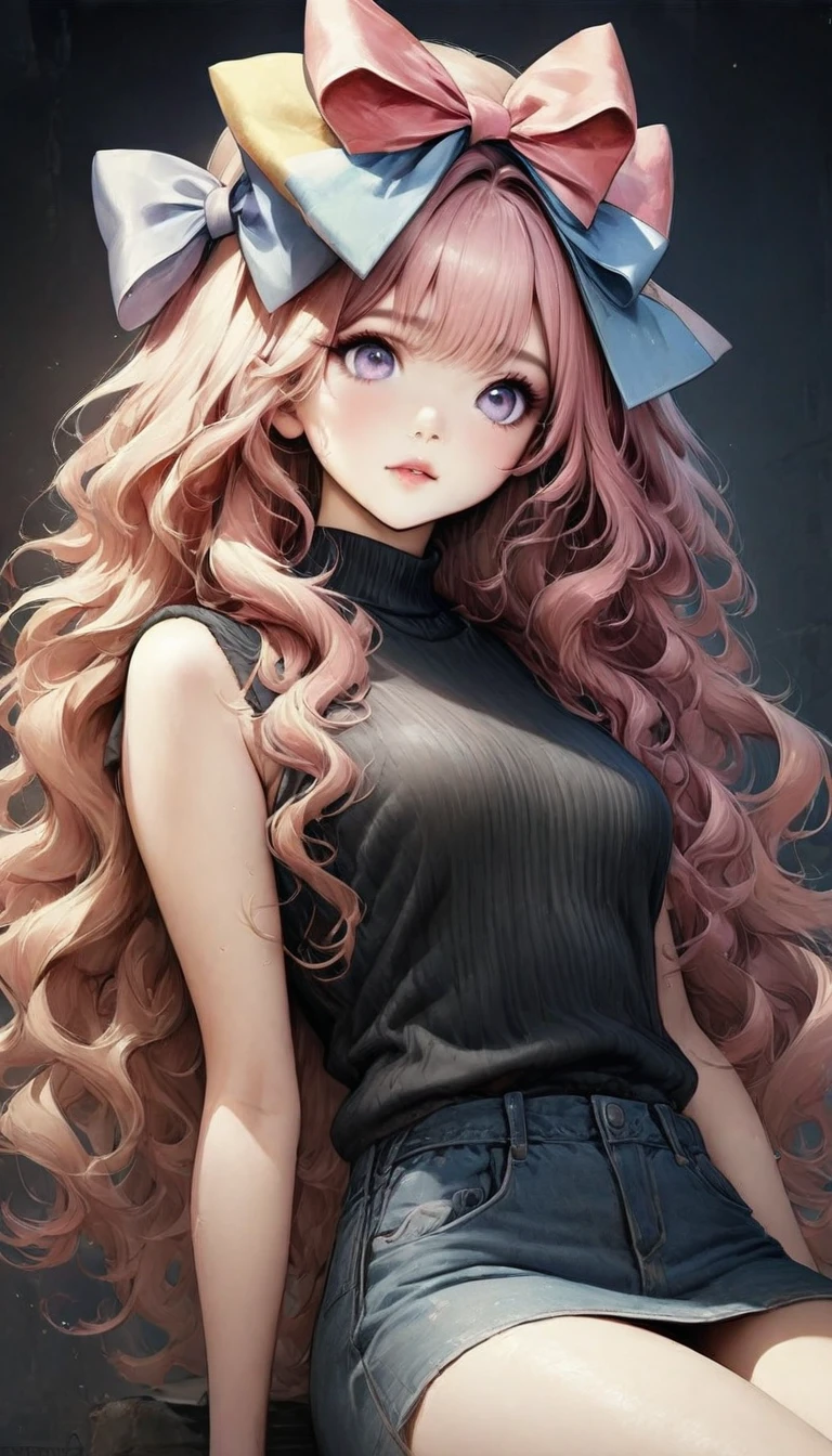 Ultra-realistic CG K ,((premium、8k、32k、Masterpiece、NFFSW:1.3)), (superfine illustration)、(super high resolution), (((adult body))), (Masterpiece, Best Quality:1.2),a beautiful girl，Skin details processing.，The eyes are finely described.，delicate hair，long wavy hair，long light hair，Wear a big bow on your head，black sweater，white dots，Skirt，green，clean background