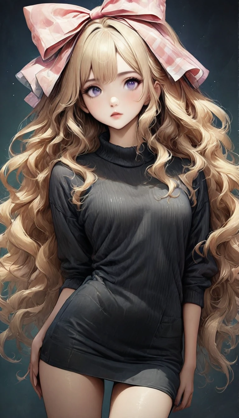 Ultra-realistic CG K ,((premium、8k、32k、Masterpiece、NFFSW:1.3)), (superfine illustration)、(super high resolution), (((adult body))), (Masterpiece, Best Quality:1.2),a beautiful girl，Skin details processing.，The eyes are finely described.，delicate hair，long wavy hair，long light hair，Wear a big bow on your head，black sweater，white dots，Skirt，green，clean background