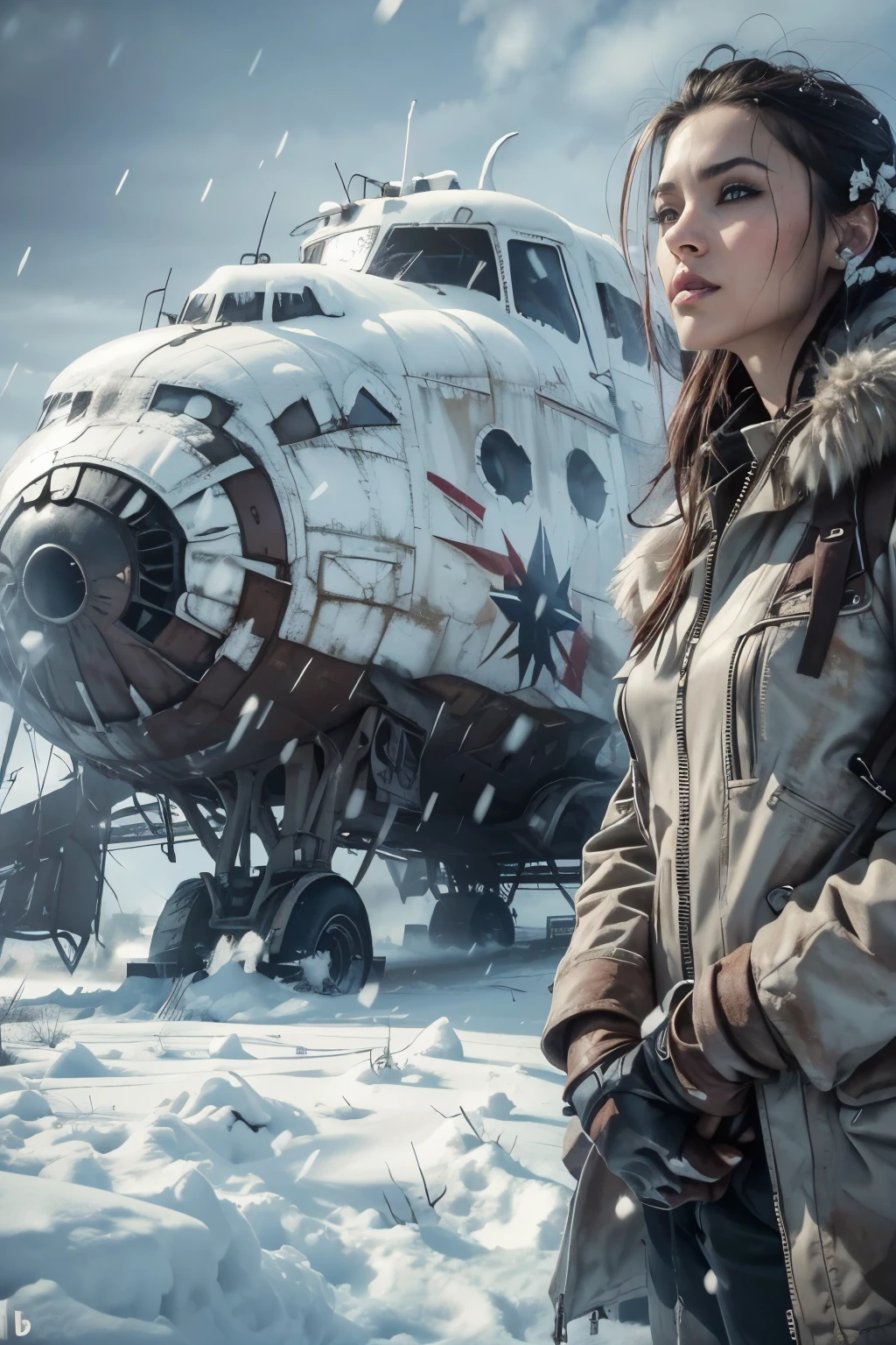 apocalyptic gorgeous hot woman. Age 23.standing in the snow next to a giant shuttle 