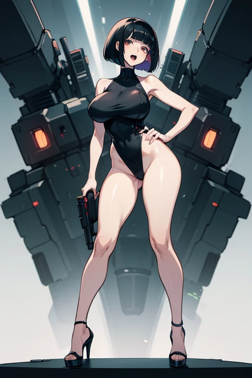Happy, moan, Open mouth, young girl, Pullover, whole body to see, bob cut bangs hair, very wide hips, very huge thighs, very big thighs, fullbody, very high heels, extreme high heels, tall heels, very high platform heels, pale skin, very Big breast, high vut leotard, summer, colorfull, firm breast, black hair, thin waist, sleeveless, gun, standing, front pose, cyberpunk,