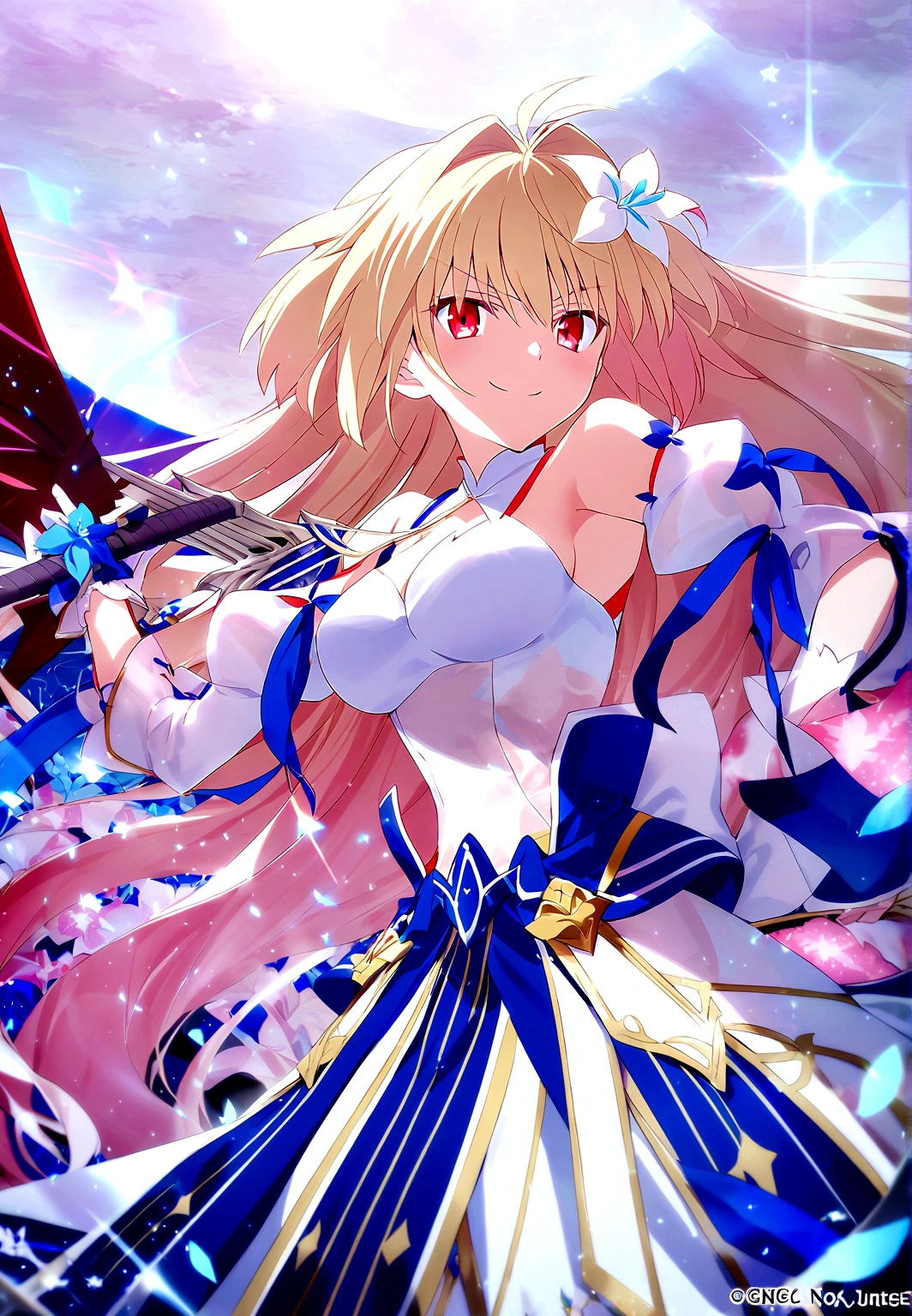 an anime of a girl in a large dress holds weapons in the air, 1girl, arcueid brunestud, blonde hair, long hair, red eyes, flower, breasts, hair ornament, hair flower, dress, gloves, solo, weapon, white dress, blue skirt, moon, detached sleeves, very long hair, multicolored skirt, bangs, looking at viewer, evil smile, look of contempt, arcueid