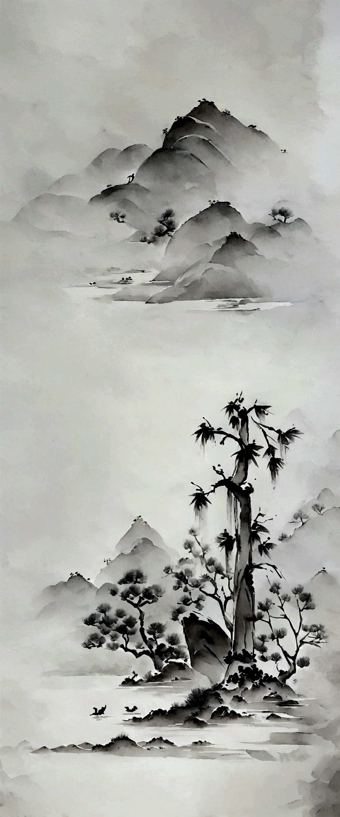 ink and watercolor painting,Draw on rice paper,Use thick, Light ink to create shading variations and layers,Choose the right ink color,Such as deep black、Thick gray、Light coffee, etc,Express different situations and atmospheres,Control the gradient and transition of ink color by the humidity and consistency of the ink,mont,Eau,the trees,Lake surface,Small broken boat,Bleak, Desolate, Solitude,Black and white tones,dead tree, Traditional Japan Ink Painting, Traditional Japan art, author:Guo Xi, author:Ma Yuanyu, Traditional Chinese painting, author:Xu Xi, author:Luo Mu, author:Yang Buzhi, author:Li Kelan, author:Gu An, Ink painting ) ) ) ), Japan ink painting, Japan painting style