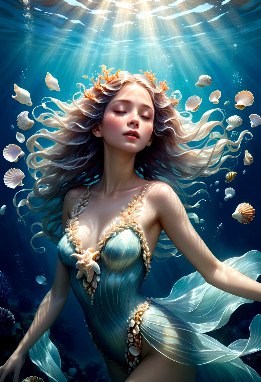 An ethereal rendering of a lady submerged in the depths of the ocean, her body adorned with delicate seashells and her hair flowing freely in the currents.