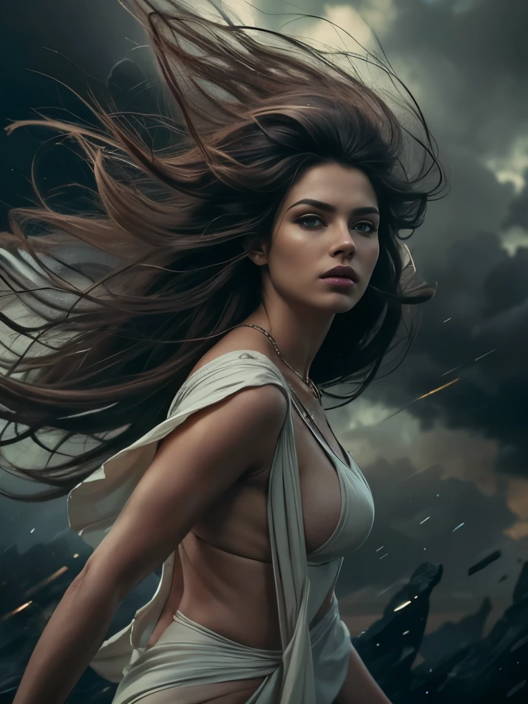 (Masterpiece.uhd.  Oil painting.)Medium full shot. stunning goddess, young woman, age 23. fit body, walking above black storm clouds, detailed face, beautiful eyes, full lips, detailed skin, flowing hair, epic scale, dramatic lighting, fantasy, cinematic, vibrancy, photorealistic, hyper detailed, 8k, masterpiece, award-winning art