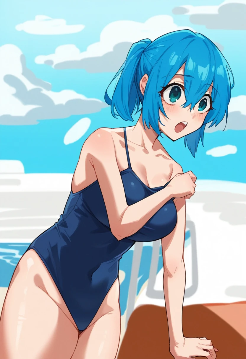 anime girl in a swimsuit on the beach with a blue hair, is wearing a swimsuit, short blue haired woman, 2 d anime style, beautiful blue haired girl, anime moe artstyle, girl with blue hair, rei ayanami, with blue hair, anime girl with teal hair, inspired by Rei Kamoi, fubuki, pretty girl with blue hair