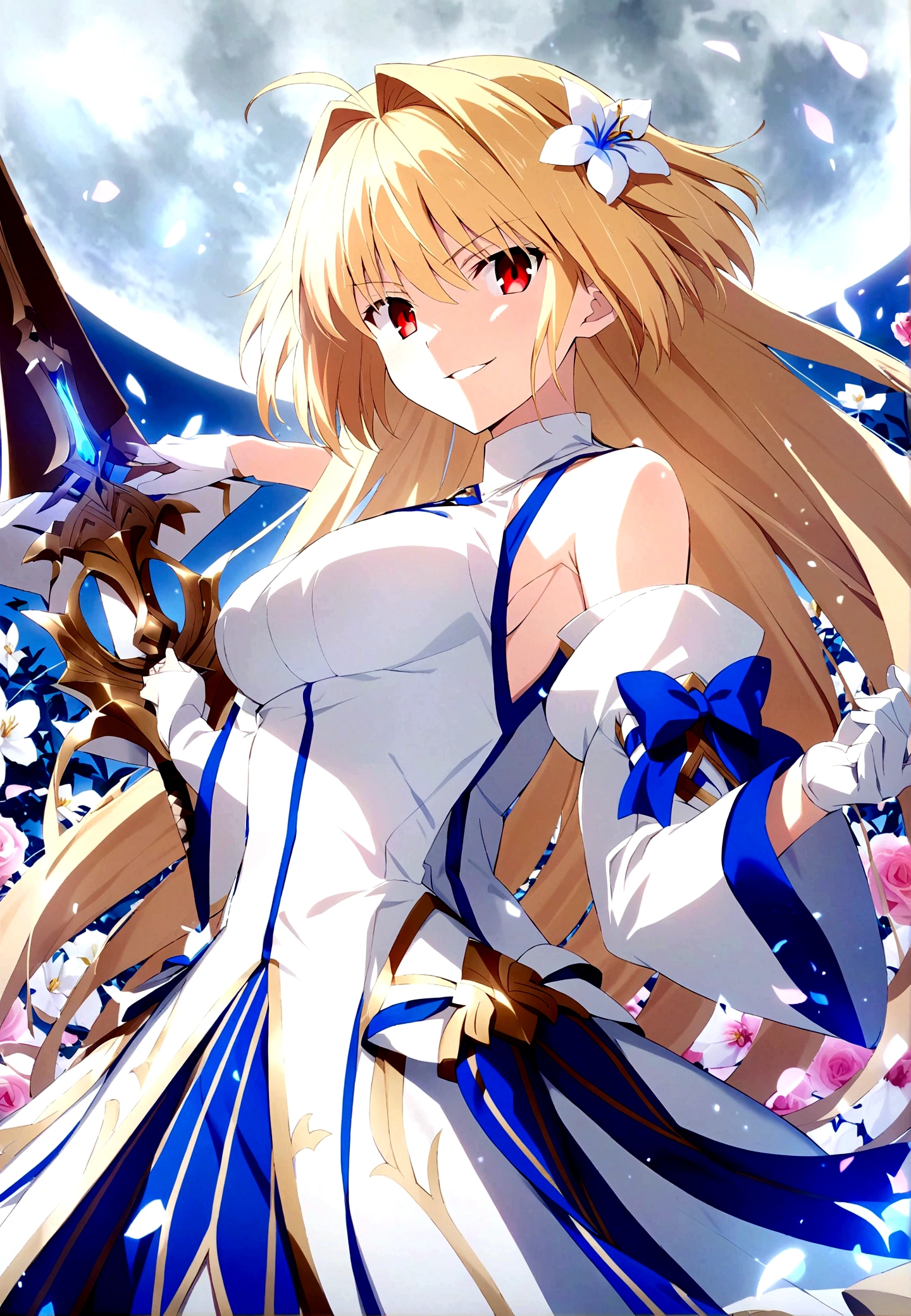 an anime of a girl in a large dress holds weapons in the air, 1girl, arcueid brunestud, blonde hair, long hair, red eyes, flower, breasts, hair ornament, hair flower, dress, gloves, solo, weapon, white dress, blue skirt, moon, detached sleeves, very long hair, multicolored skirt, bangs, looking at viewer, evil smile, look of contempt, arcueid