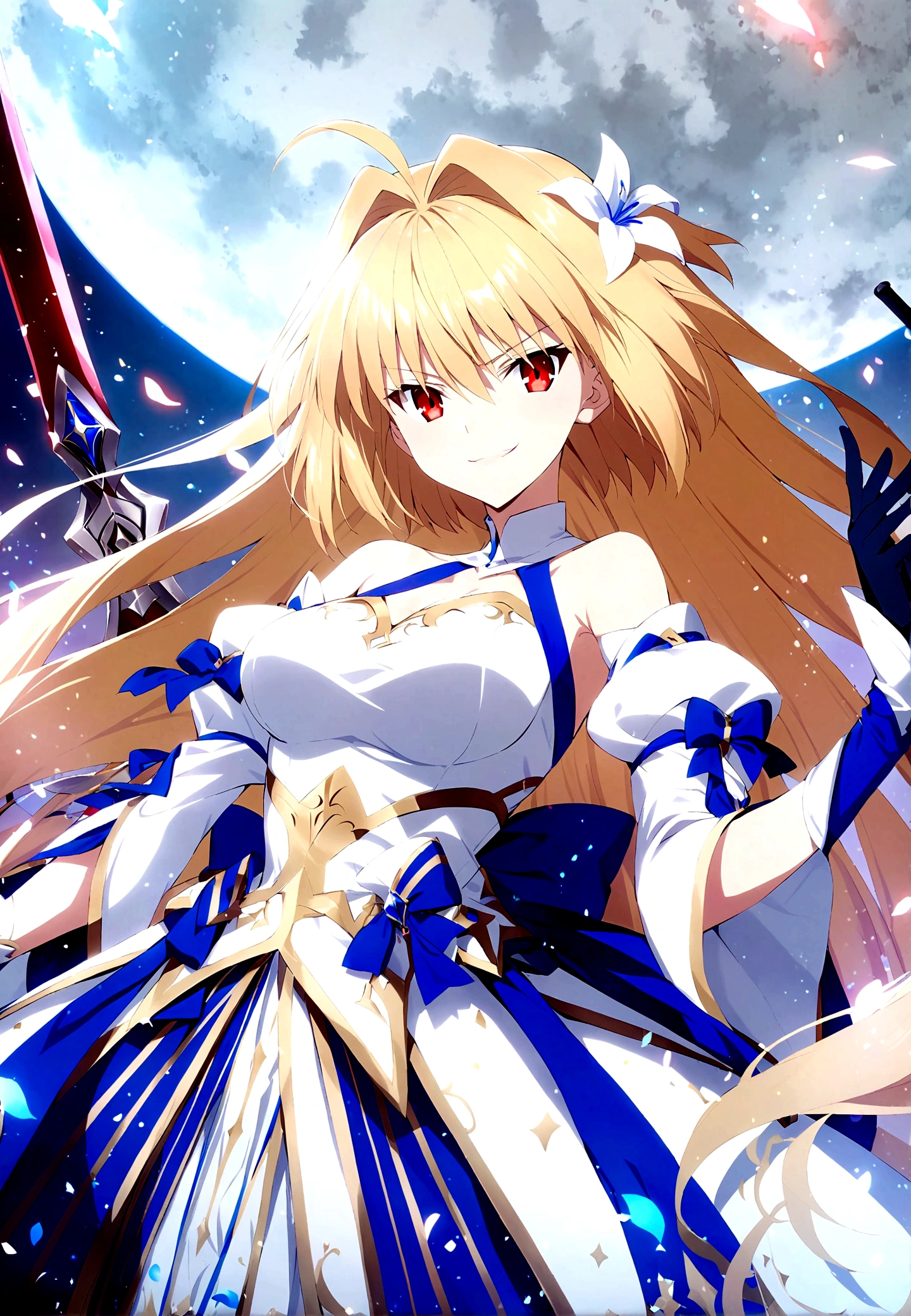 an anime of a girl in a large dress holds weapons in the air, 1girl, arcueid brunestud, blonde hair, long hair, red eyes, flower, breasts, hair ornament, hair flower, dress, gloves, solo, weapon, white dress, blue skirt, moon, detached sleeves, very long hair, multicolored skirt, bangs, looking at viewer, evil smile, look of contempt, arcueid