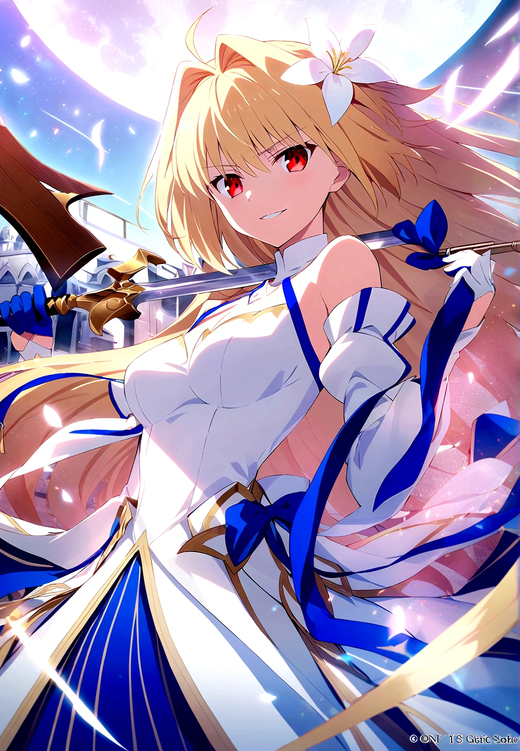 an anime of a girl in a large dress holds weapons in the air, 1girl, arcueid brunestud, blonde hair, long hair, red eyes, flower, breasts, hair ornament, hair flower, dress, gloves, solo, weapon, white dress, blue skirt, moon, detached sleeves, very long hair, multicolored skirt, bangs, looking at viewer, evil smile, look of contempt, arcueid