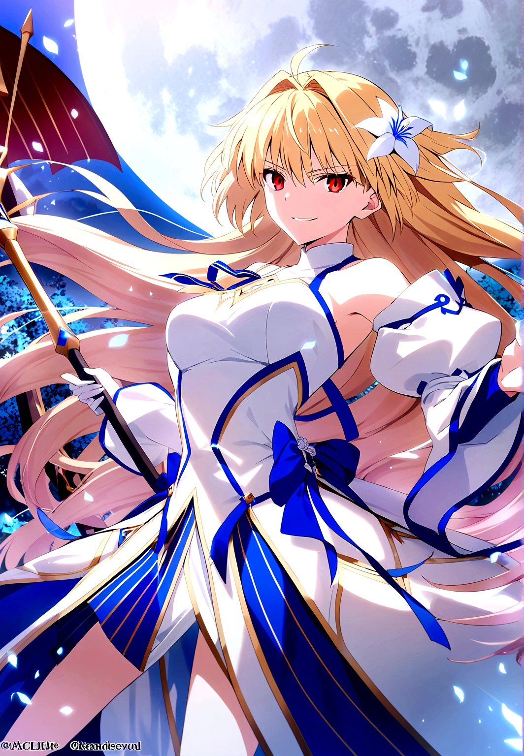 an anime of a girl in a large dress holds weapons in the air, 1girl, arcueid brunestud, blonde hair, long hair, red eyes, flower, breasts, hair ornament, hair flower, dress, gloves, solo, weapon, white dress, blue skirt, moon, detached sleeves, very long hair, multicolored skirt, bangs, looking at viewer, evil smile, look of contempt, arcueid