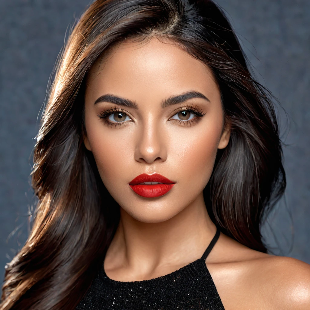 A photoreal close up of a stunning 28-year-old Latina model showcases her oval face, straight black hair, and striking grey eyes. Her beautiful lips with red lipstick accentuate her wheatish skin with light brown tone highlights. Dressed in a chic black top, the image should be full body shot, 8k hdr, high detailed, and focused on capturing her mesmerizing beauty. The lighting should be soft and golden to enhance her radiance.