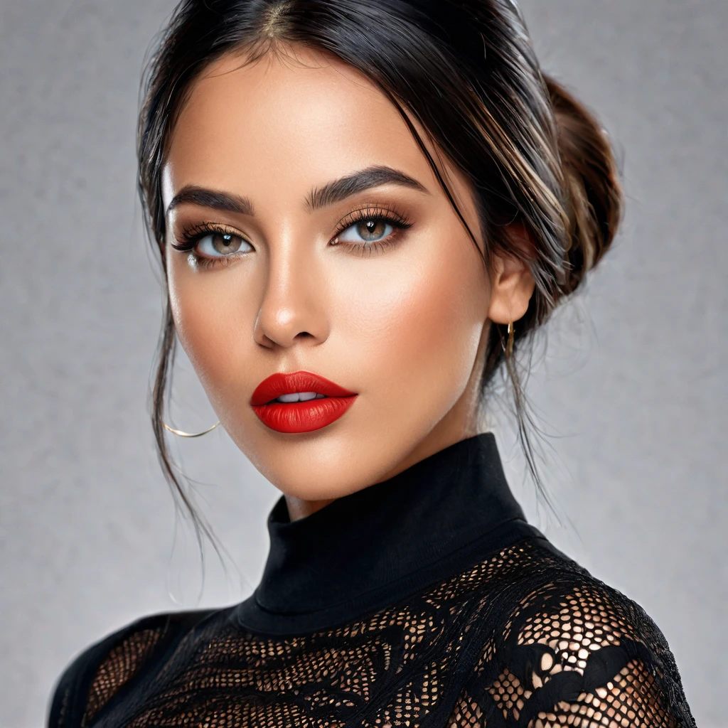 A photoreal close up of a stunning 28-year-old Latina model showcases her oval face, straight black hair, and striking grey eyes. Her beautiful lips with red lipstick accentuate her wheatish skin with light brown tone highlights. Dressed in a chic black top, the image should be full body shot, 8k hdr, high detailed, and focused on capturing her mesmerizing beauty. The lighting should be soft and golden to enhance her radiance.