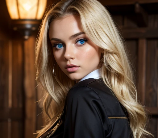 Girl 18 years old, porn star body, big lips, hourglass body, slim stomach, ((detalized face)), big eyes, Blue eyes, eyes full of lust, small nose, narrow nose, Plump lips, narrow cheekbones, sunken cheeks,hair down to ass, short bangs, blonde, black hair curls, Big hips, dressed in the uniform of a pirate ship captain, The Black Pearl