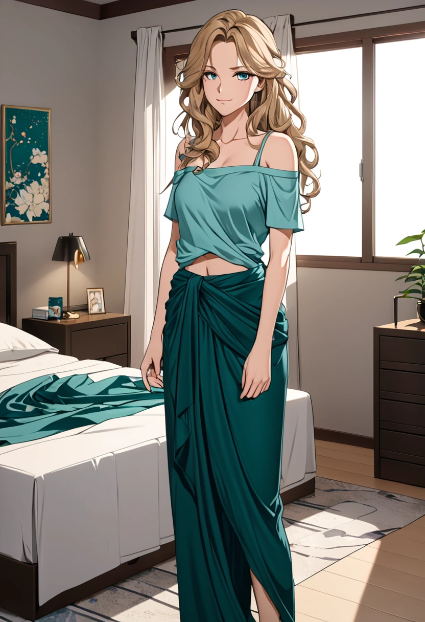  (masterpiece), (high resolution, 8k), (high detailed), woman mature, tall, (wavy long hair (dark blonde)), beautiful face, (close mouth:1.2), tired smile, small breast flat, wearing dark teal colored crystal themed draped top and black colored loose pants and draped sarong, standing on bedroom, anime style