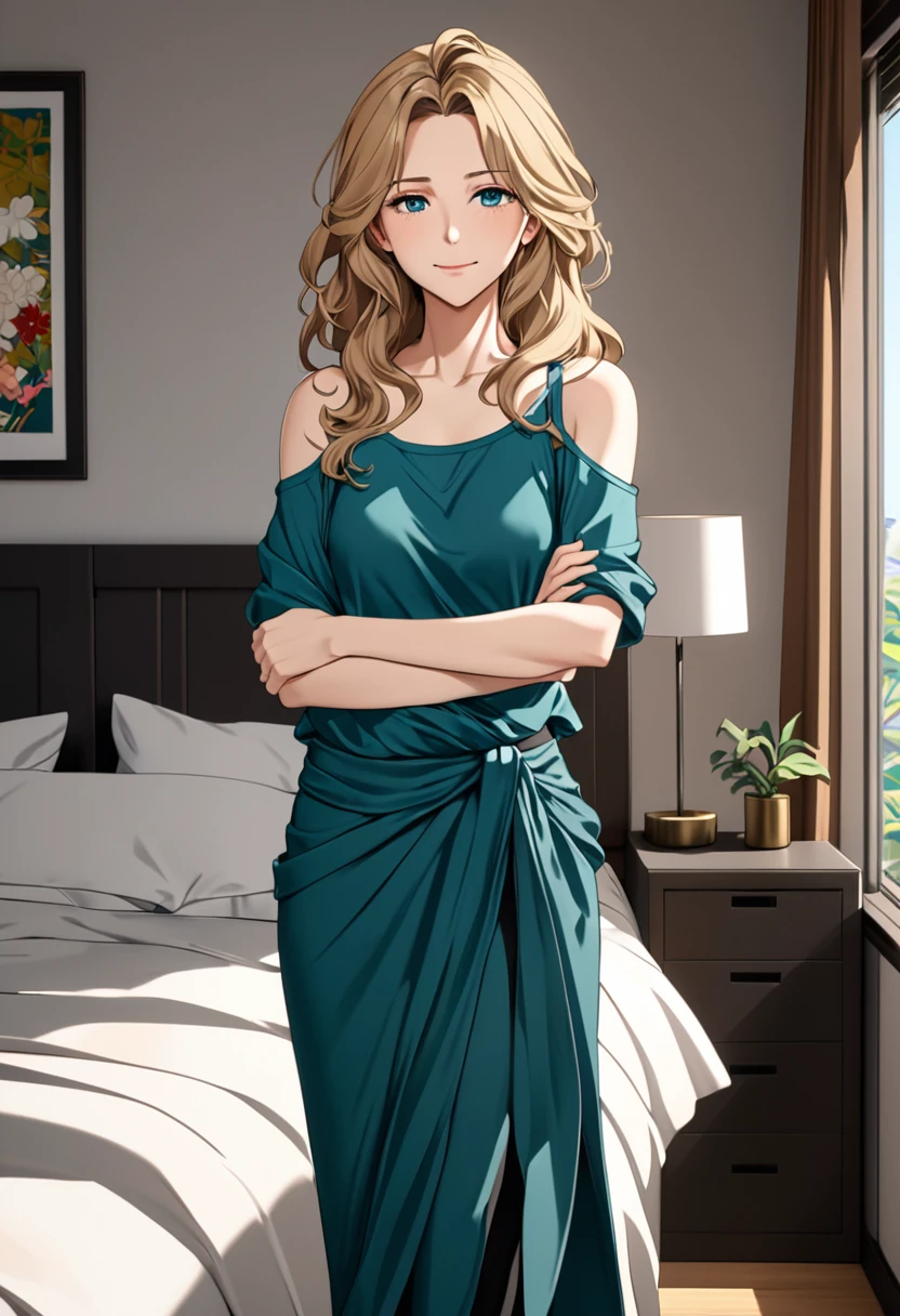 (masterpiece), (high resolution, 8k), (high detailed), woman mature, tall, (wavy long hair (dark blonde)), beautiful face, (close mouth:1.2), tired smile, small breast flat, wearing dark teal colored crystal themed cold shoulder casual shirt and black leggings pants and drapped sarong, standing on bedroom, anime style, unaestheticXL_bp5, SimplePositiveXLv2