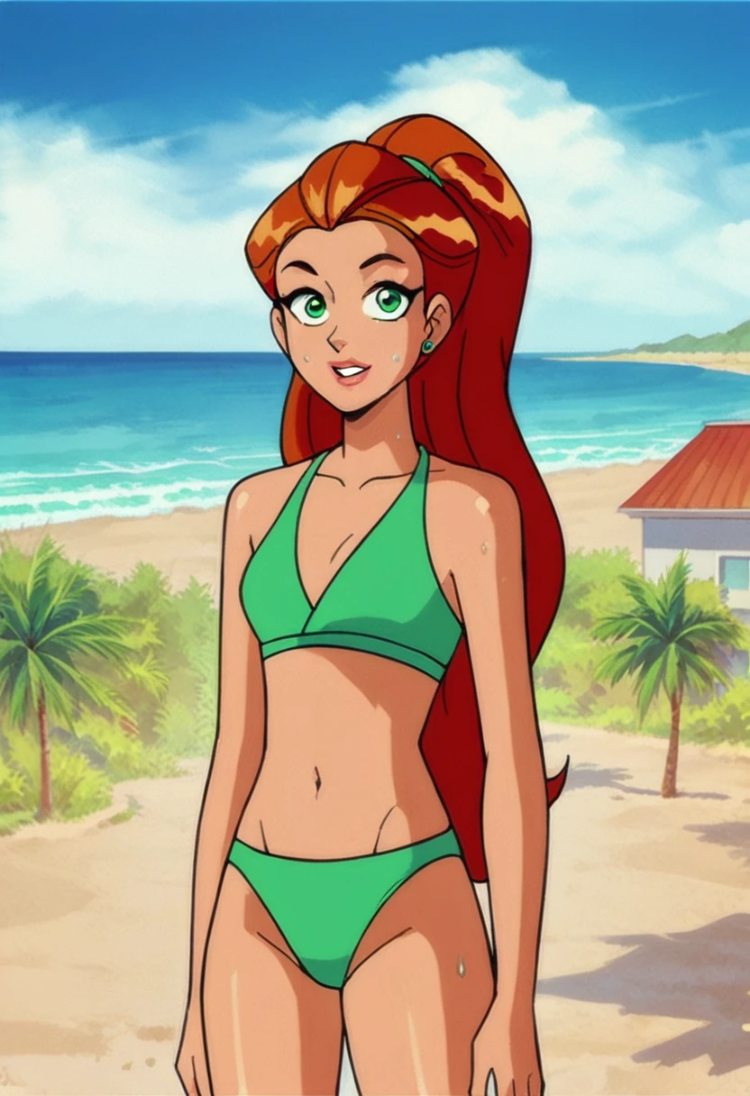score_9, score_8_up, score_7_up,
1girl, sam ts, long hair, orange hair, green eyes, ponytail,
standing, sweat, looking at viewer,
green bikini, on beach, ocean, sand, palms, posing,