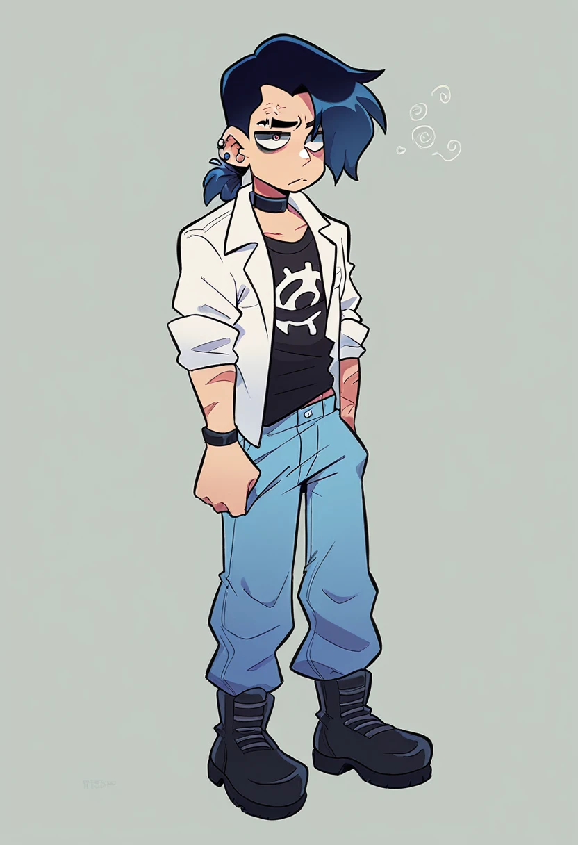 Guy Height 160, His medium-length hair is pulled back into a low ponytail., one strand falls on the face. He usually wears a black T-shirt under an open white jacket with the sleeves rolled up, grayish blue trousers and black boots. He also wears several accessories, such as black bracelets, Dark eyeliner, black choker that covers the scar on his neck, and two spiral piercings in each ear. He can almost always be seen looking tired / gloomy expression. Doesn&#39;t interact much with others. Looks like a girl