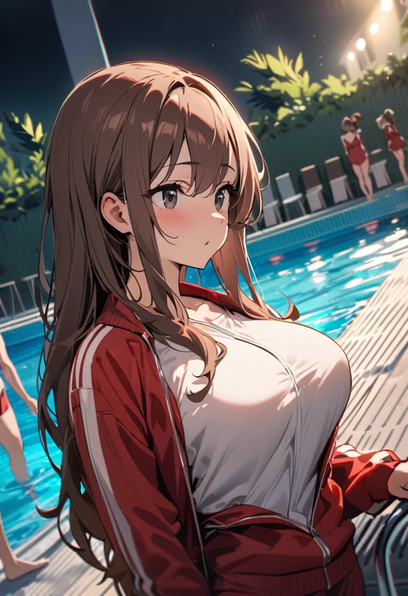 masterpiece, highest quality, Detailed face, Beautiful and detailed eyes, Beautiful Face, Perfect body, Professional Lighting, One girl,A calm and innocent girl,brown Hair, Long Hair, black eyes,big breasts At a poolside, a girl in 16years old wearing a school red track jacket and red track pants:1.5, She stands near a pool, surrounded by vibrant greenery and lounge chairs. The crowd looks on in amazement.The atmosphere is sunny and cheerful, with clear blue water in the pool and a few people swimming in the background. The girl looks relaxed and seductive as she prepares for a refreshing swim.angle from behind