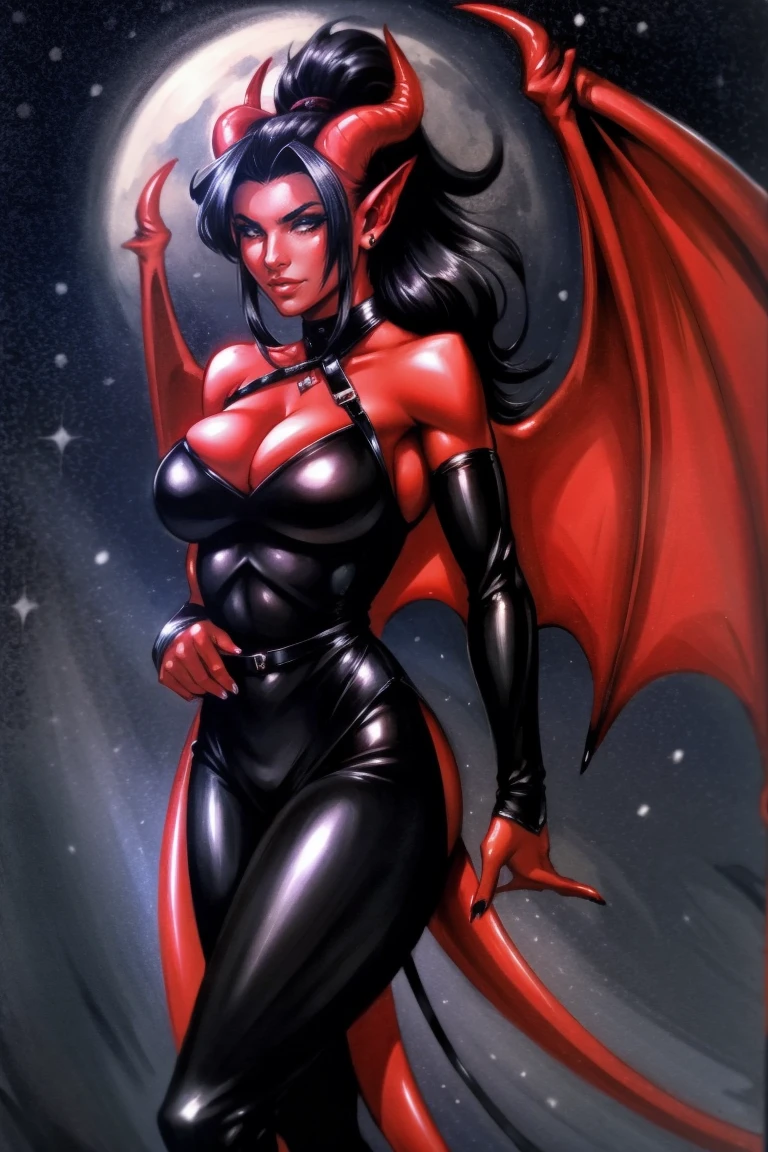 Red skin succubus tiefling, medium breasts, black horns, wings, huge tail, black leather, tall, athletic, graceful, thin, long black ponytail. Glamour shot. Dark romantic scene, night sky.