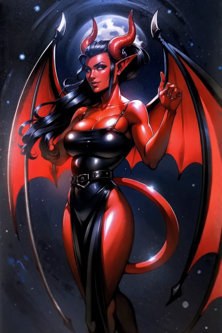 Red skin succubus tiefling, medium breasts, black horns, wings, huge tail, black leather, tall, athletic, graceful, thin, long black ponytail. Glamour shot. Dark romantic scene, night sky.