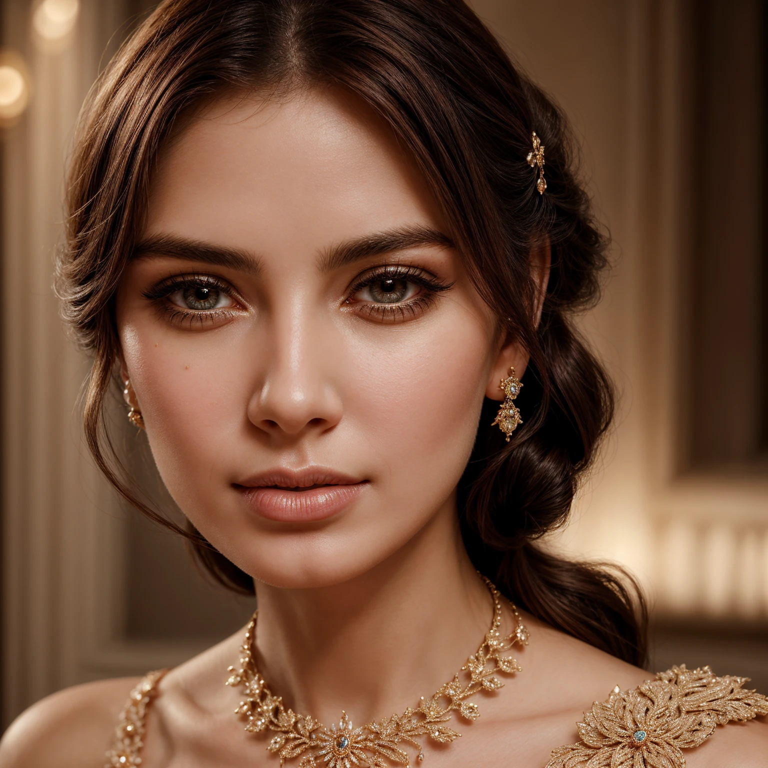 a beautiful woman, detailed facial features, piercing eyes, delicate lips, long eyelashes, elegant hairstyle, soft skin, gentle expression, intricate jewelry, ornate dress, natural lighting, warm color palette, cinematic composition, photographic quality, highly detailed, realistic portraiture, masterpiece