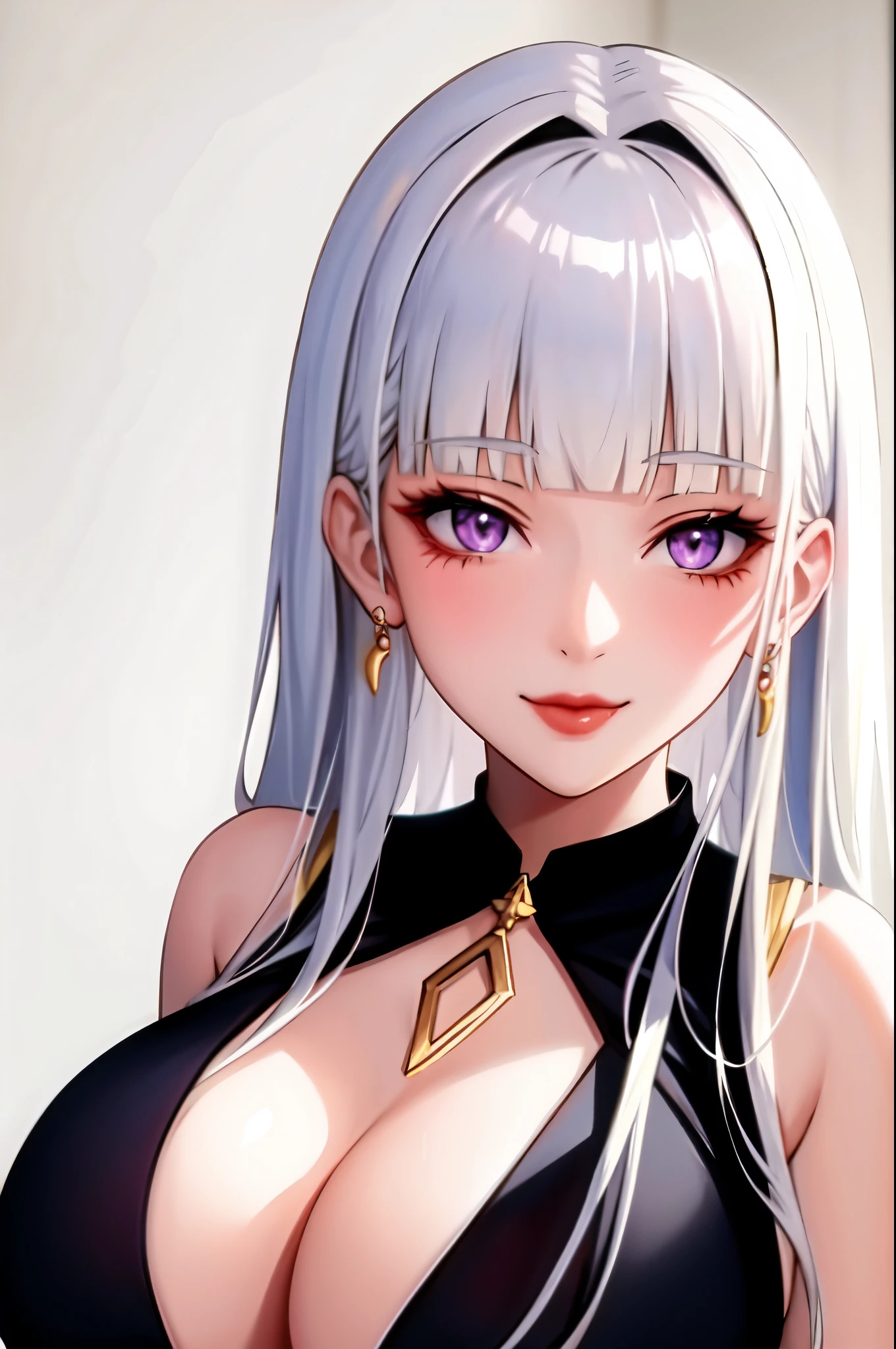 1 girl, One, Satella from anime Re:NULL, long hair, Looking at the viewer, smile, purple eyes, hair ornament, White background, jewelry, White hair, closed mouth, Blunt bangs, nail polish, bracelet, lips, grey eyes, portrait, red nails, close-up, red lips, hands on your own face, hands on your own cheeks,(mature woman),(shiny skin),((smoking body))
