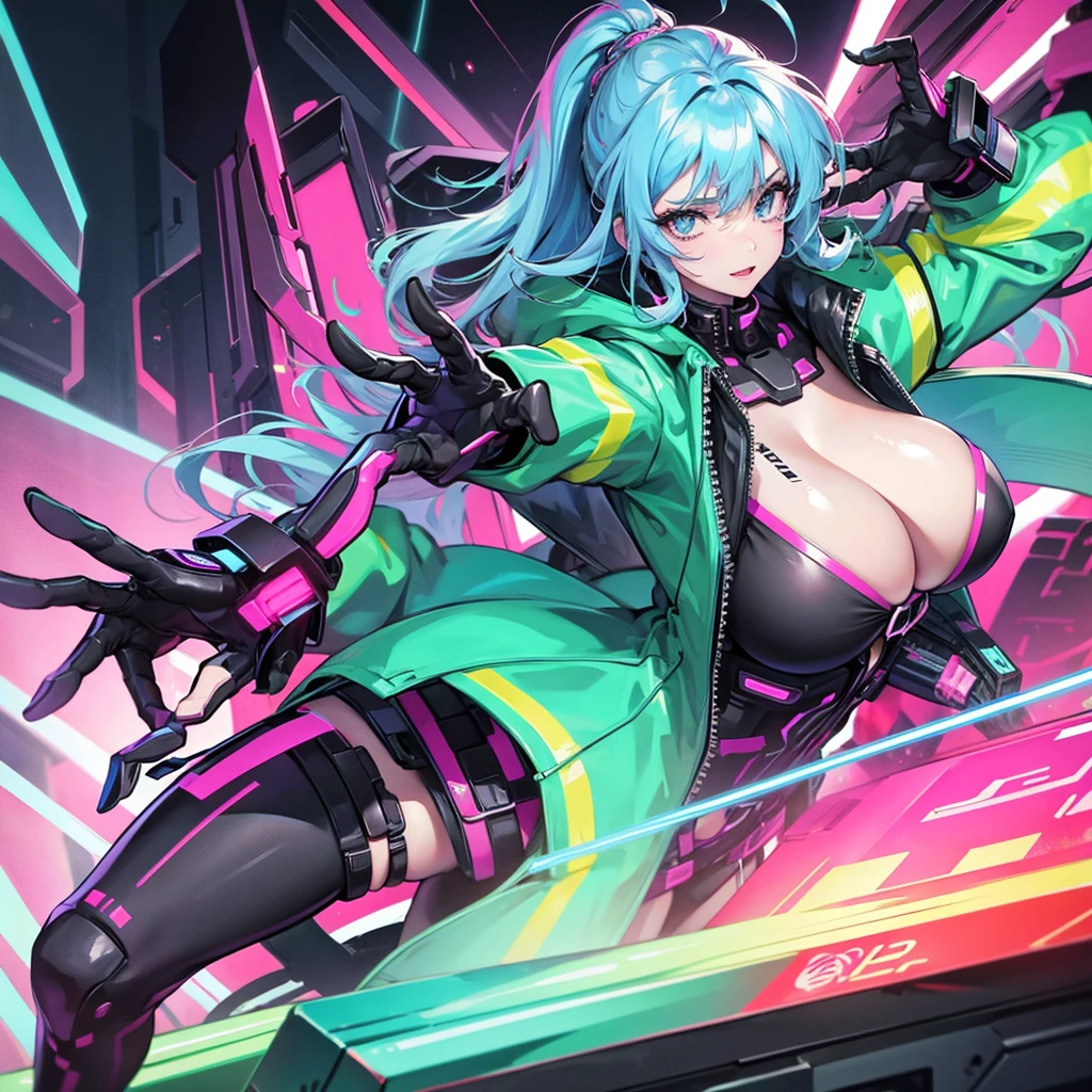 Cyberpunk girl with huge breasts in a neon suit with cleavage