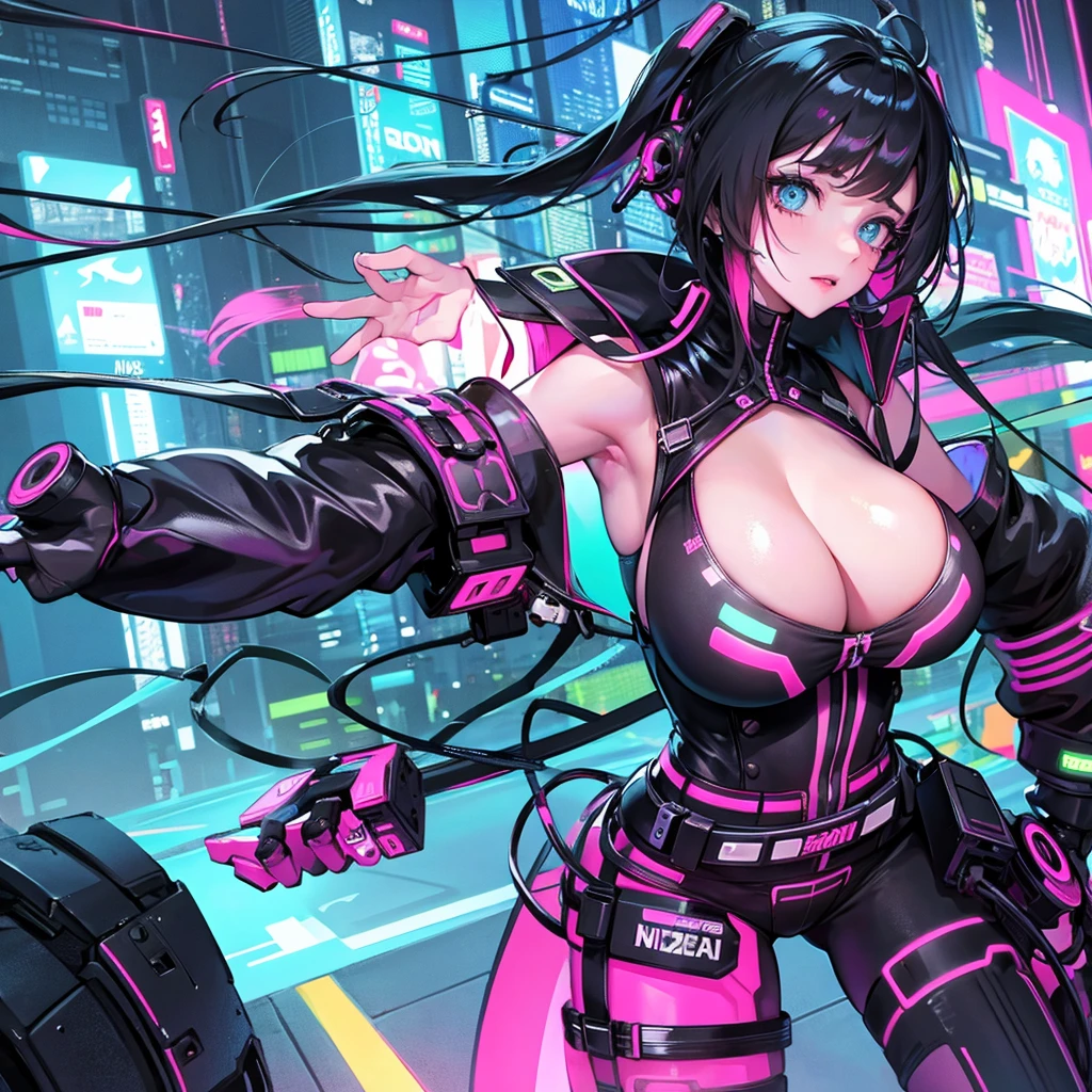 Cyberpunk girl with huge breasts in a neon suit with cleavage