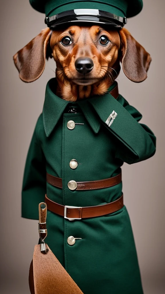 Dachshund in German SS uniform saluting with his paw up