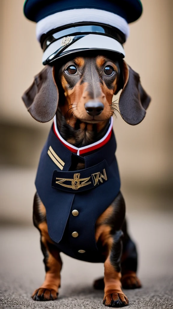 Dachshund in German SS uniform saluting with his paw up