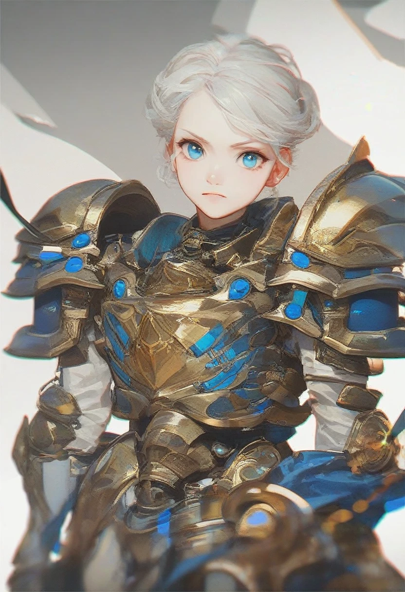 Fraction_9, Fraction_8_up, Fraction_7_up, Fraction_6_up, Fraction_5_up, Fraction_4_up,1 Girl, armor, arms, wing, Solitary, shoulder armor, blue eyes, Scapula, White hair, Looking at the audience, power armor