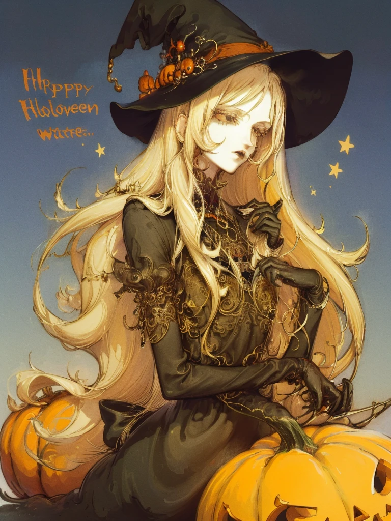 masterpiece, style by NTY, a woman, yoshitaka amano character design, intricate black witch dress, halloween theme, witch outfit, pumpkin