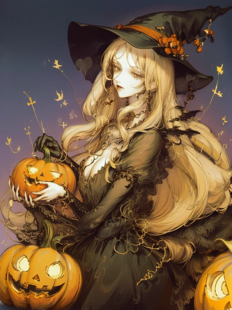 masterpiece,  style by NTY, a woman, yoshitaka amano character design, intricate black witch dress,  halloween theme, witch outfit, pumpkin